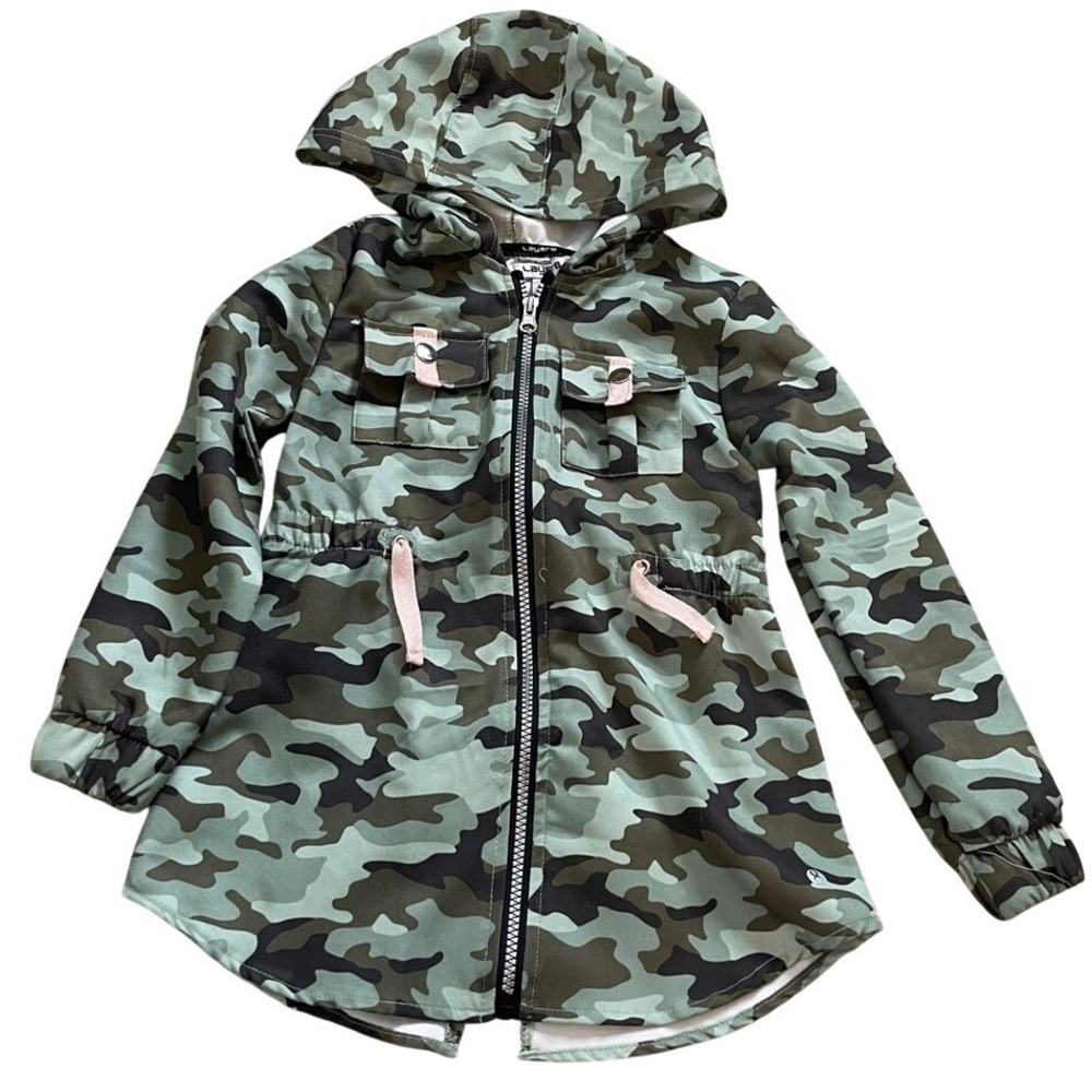 Layer‎ 8 Girls Camo Hooded Windbreaker Jacket Green Pink Size 6X Full Zip